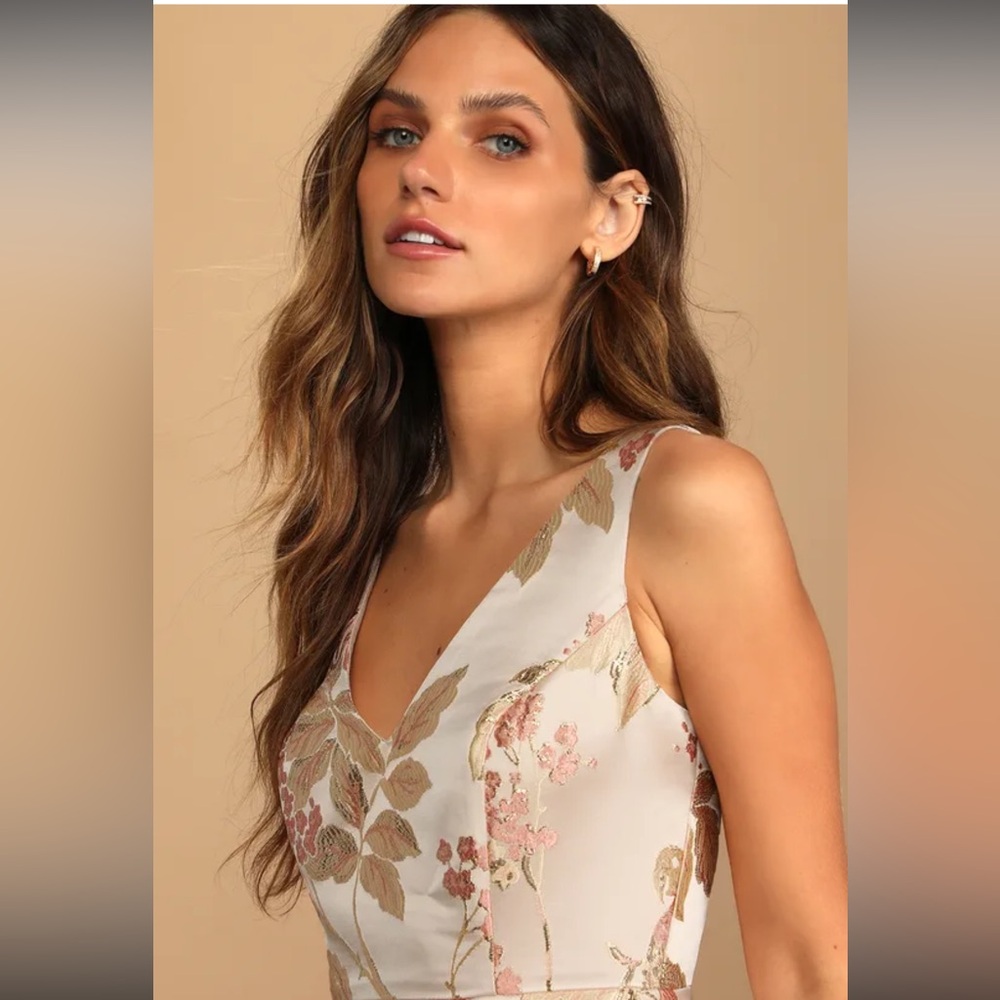 Lulus Revel in the Magic Beige Floral Skater Dresss - Picture 3 of 7